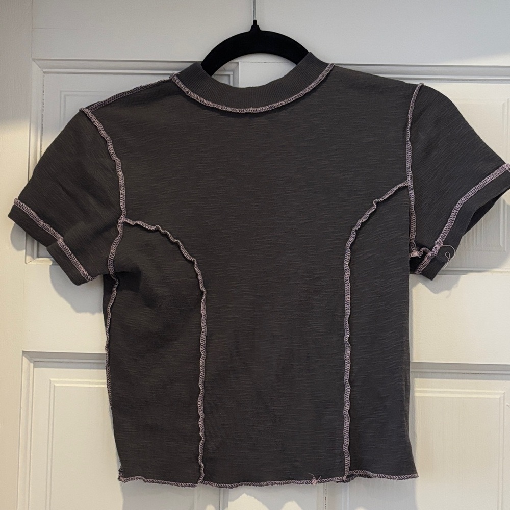 Urban Outfitters Charcoal Crop Top with Pale Pink Contrast Stitching